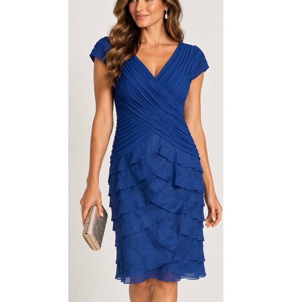 Adrianna Papell Size 8 Royal Blue Tiered Ruffle Cocktail Dress Ruched NWT